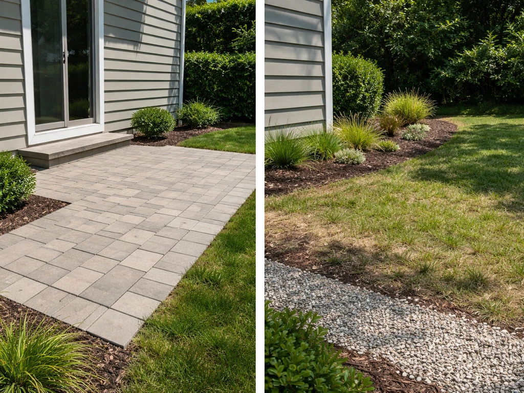 Split view showing a paved patio beside a house versus nearby lawn, garden bed, and loose gravel