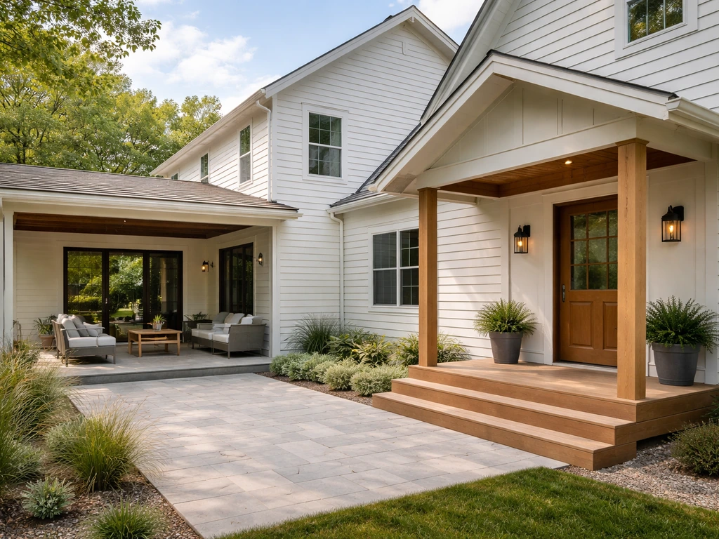 Minimal photo showing a home exterior with a back patio and a porch-style entry for comparison