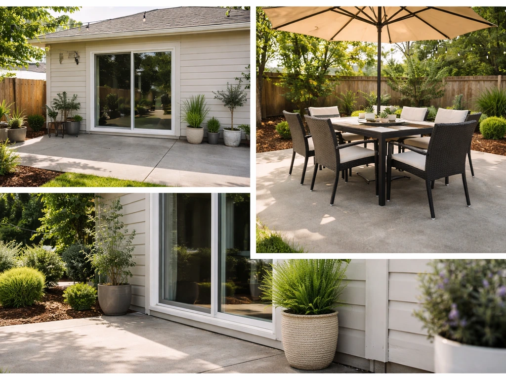 Three-panel MLS-style collage of a back patio: wide view, dining set, and patio floor boundary cues.