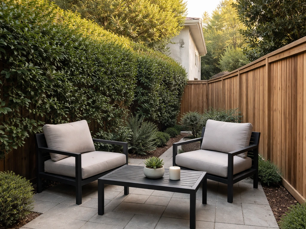 Back patio with tall fence and hedges creating partial privacy, showing distance to neighboring wall.