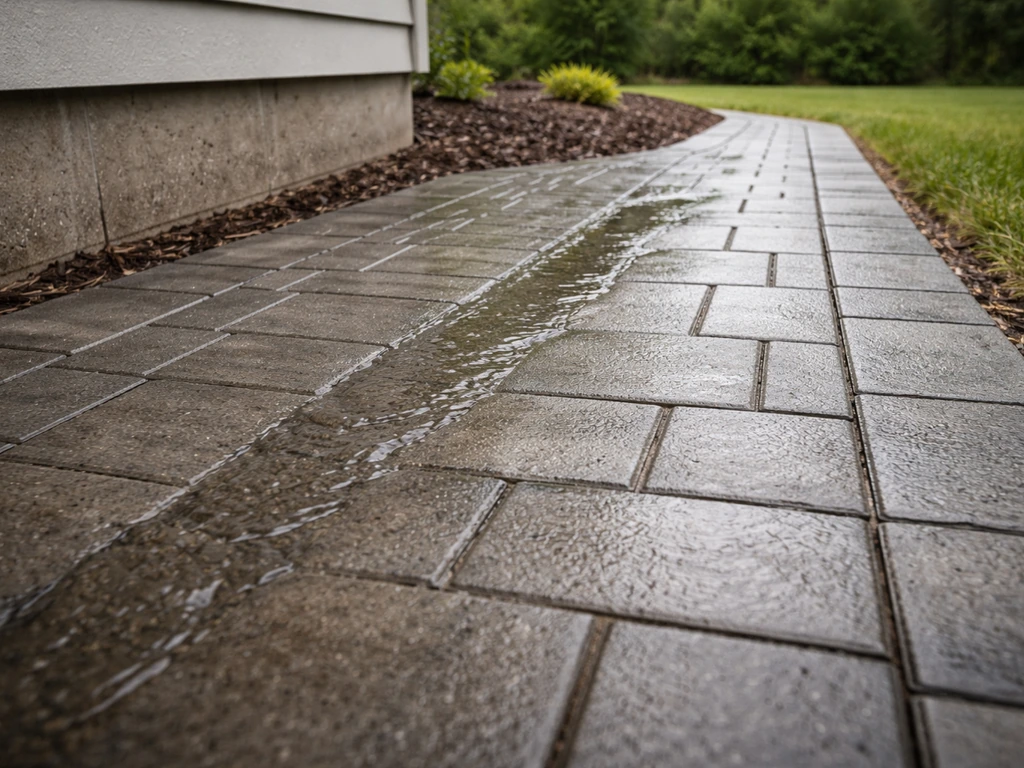 Concrete patio beside a home foundation with a slight slope and visible water runoff flow away from the house.