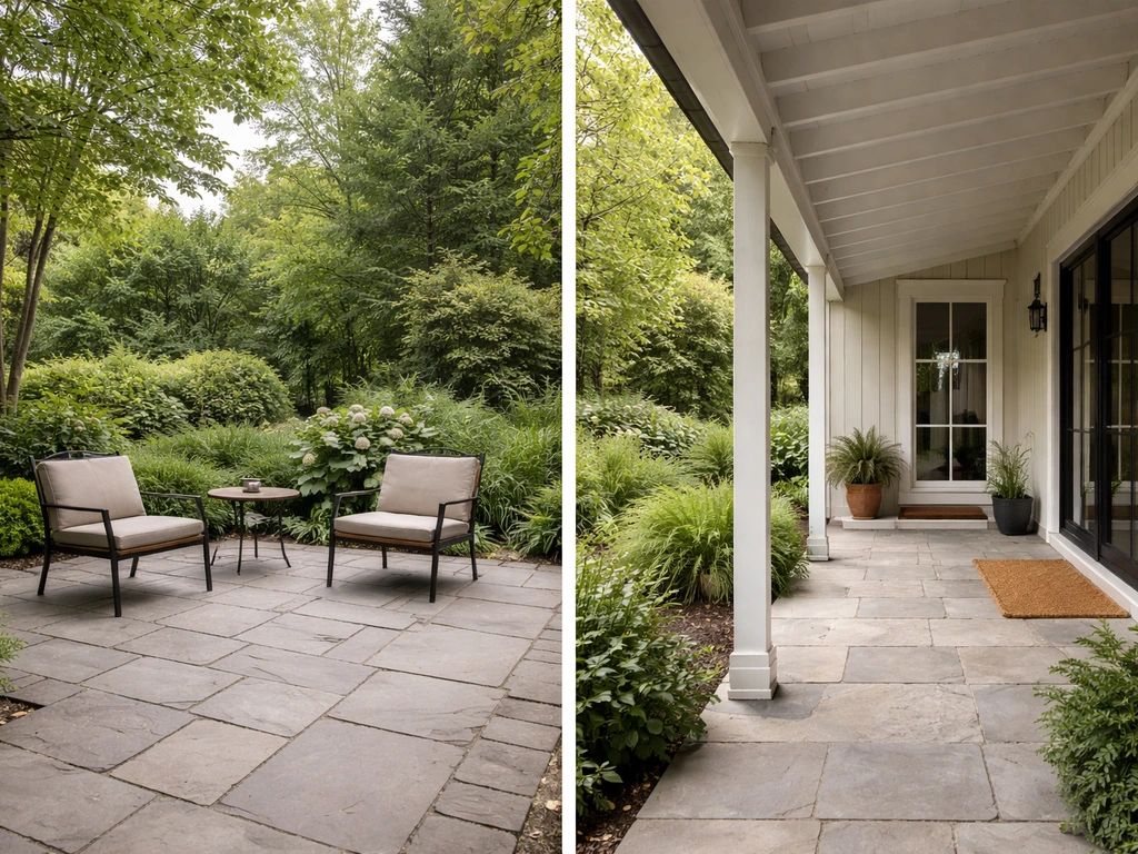 Split photo showing an open paved patio garden area and a roofed verandah along a house exterior