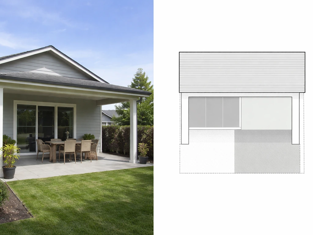 Mock listing photo and simple floor-plan outlines showing covered verandah vs open patio clues.