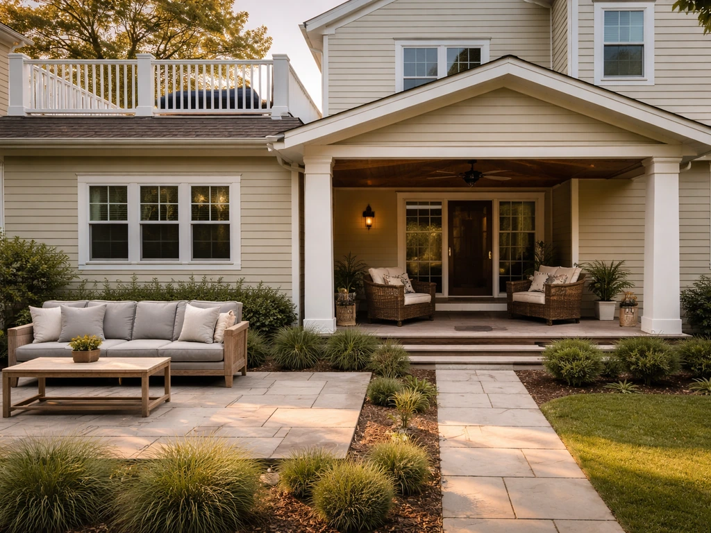 Sunlit home exterior showing a ground-level patio beside a porch and a higher balcony edge.