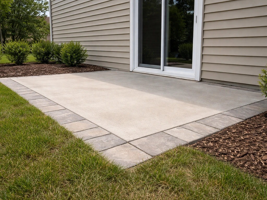 Ground-level paved patio beside a house with simple steps and backyard greenery