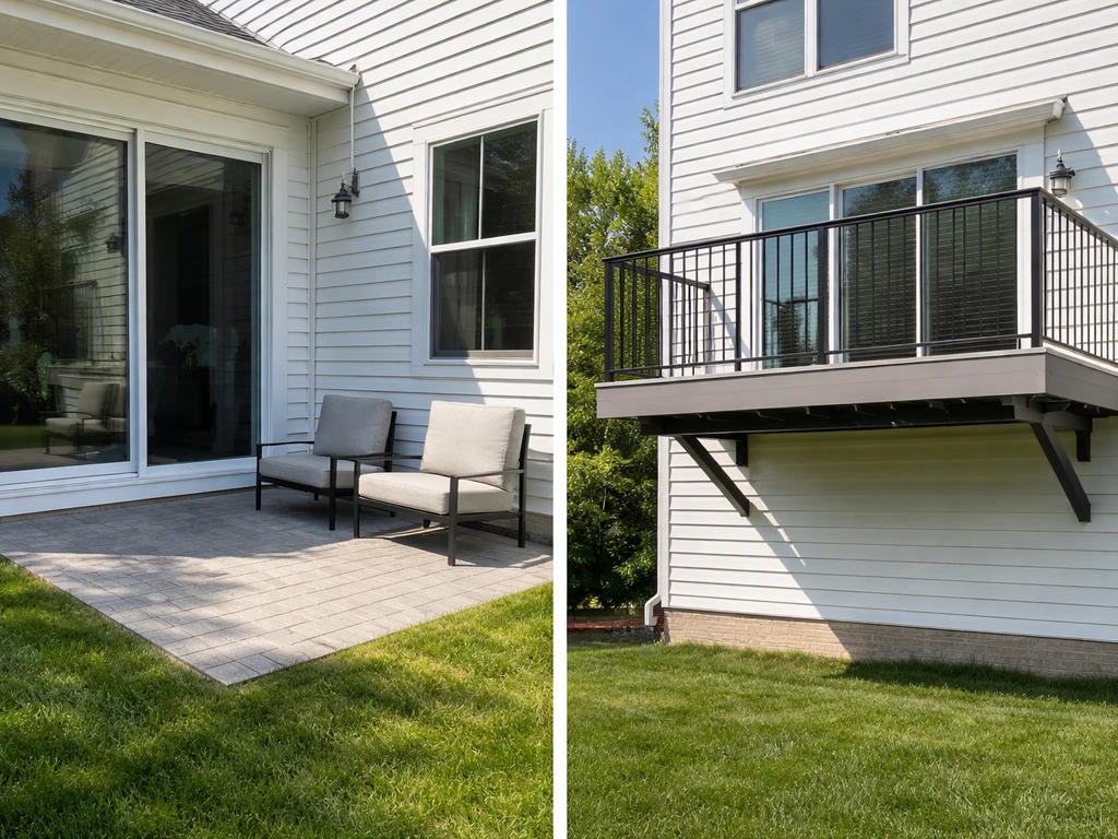 Split view of a ground-level patio with sliding door and an elevated balcony with railings above