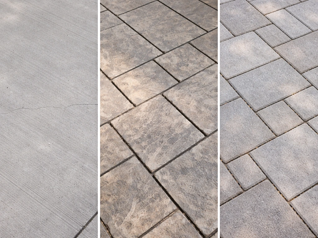 Close-up views of three patio surfaces: plain concrete, stamped concrete, and interlocking pavers.