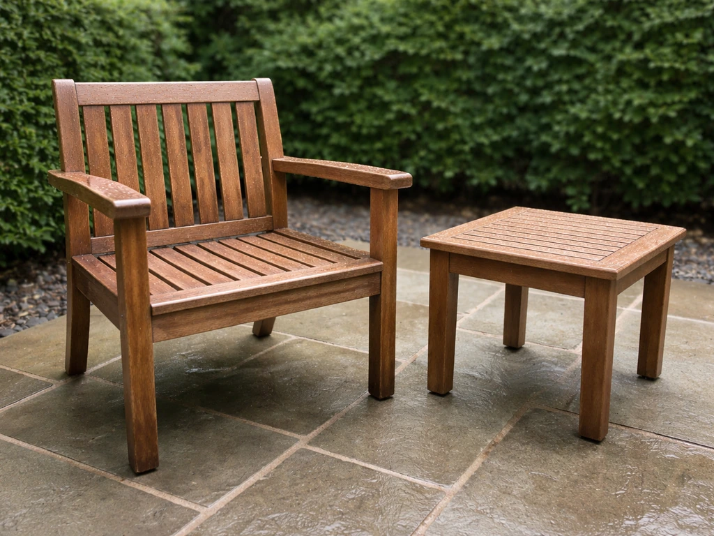 Outdoor teak patio chair and side table on a stone courtyard with water beading on the finish.