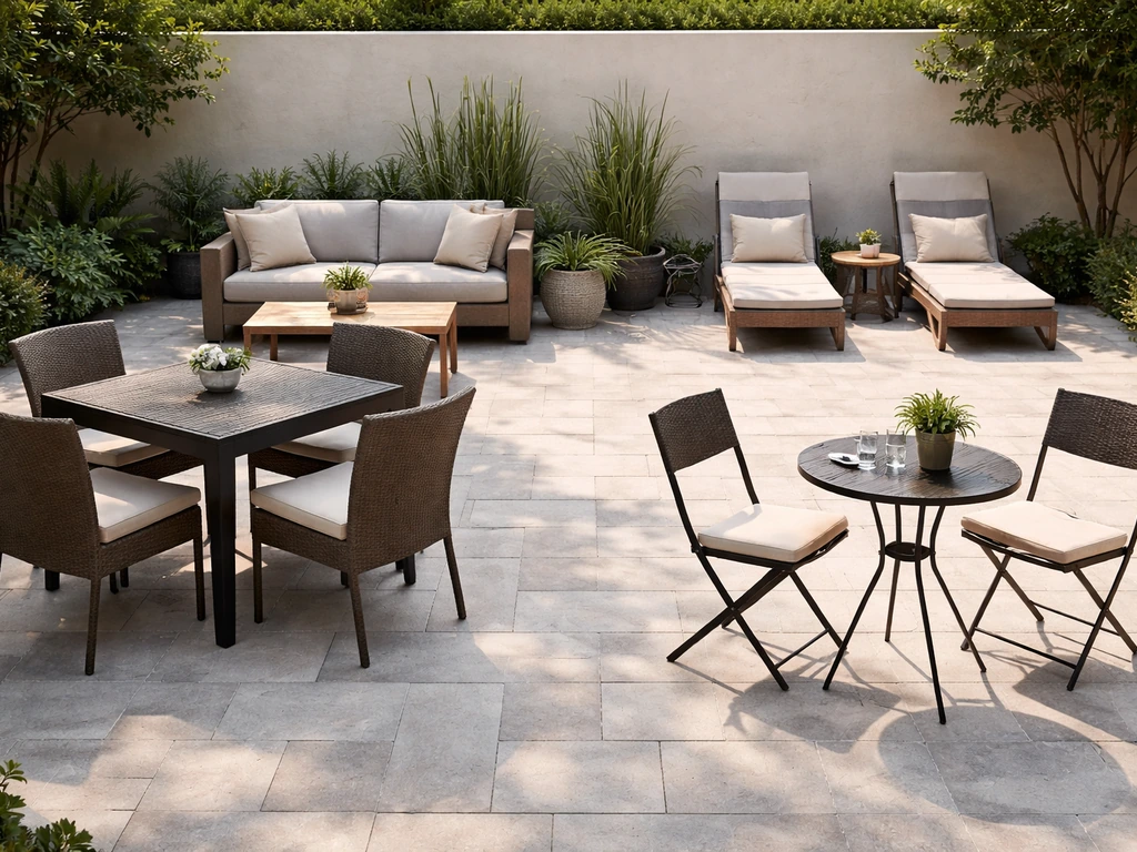 Outdoor patio with a dining set, bistro chairs, lounge chairs, and an outdoor sofa in separate seating zones.