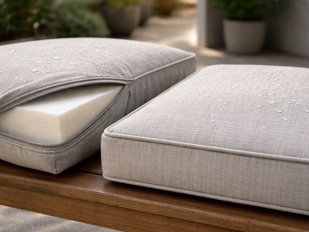 Close-up of outdoor cushions showing UV-resistant fabric texture and thick foam fill on a patio bench.