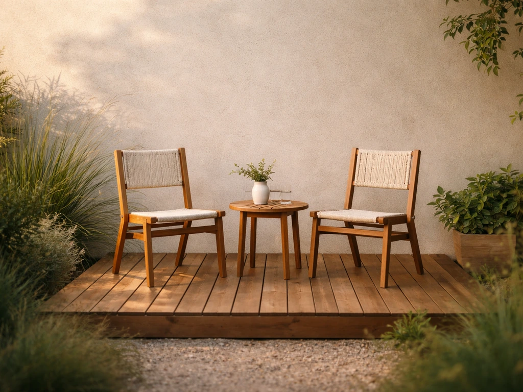 Minimal view of a wooden deck with chairs and a small table in warm natural light.