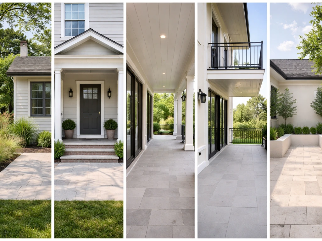 Minimal photo split showing patio, porch, veranda, balcony, and courtyard/terrace with roof and ground-level cues.