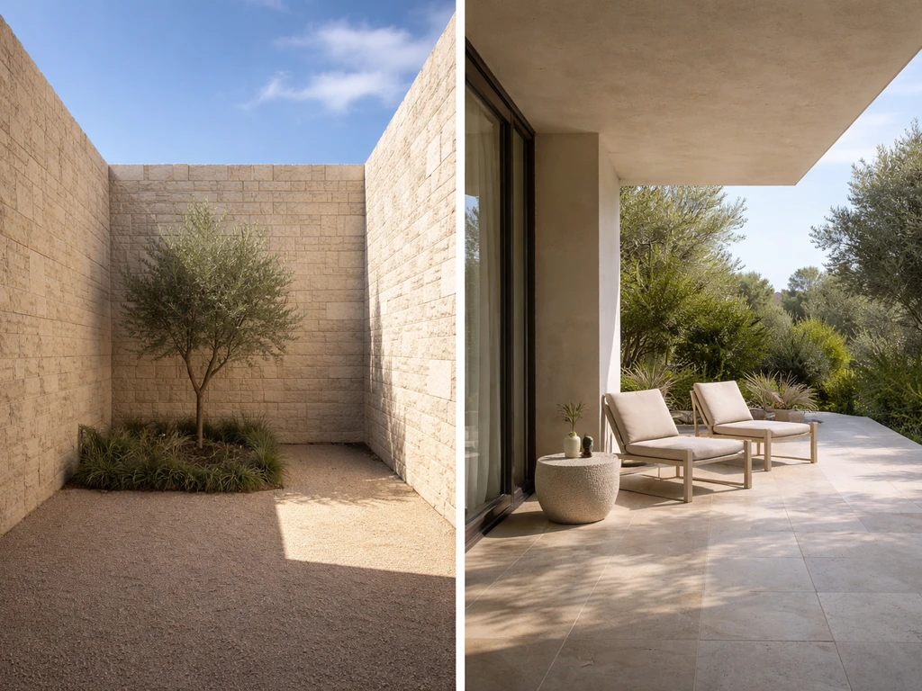 Minimal courtyard enclosed by tall walls beside an open patio with a few outdoor chairs