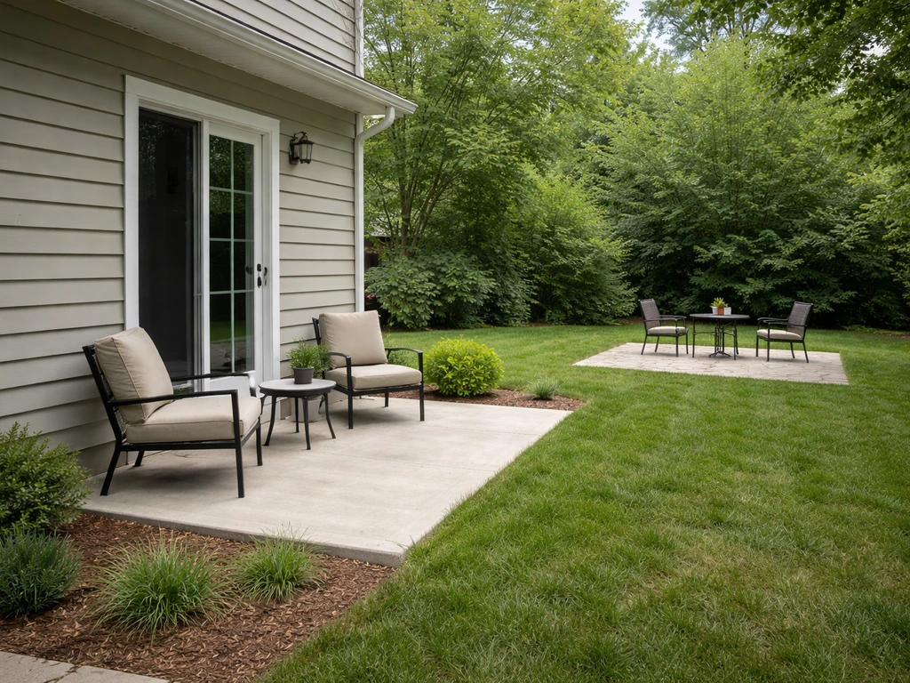 Corner of a home showing an attached patio with a door connection and a detached paved seating area beyond.