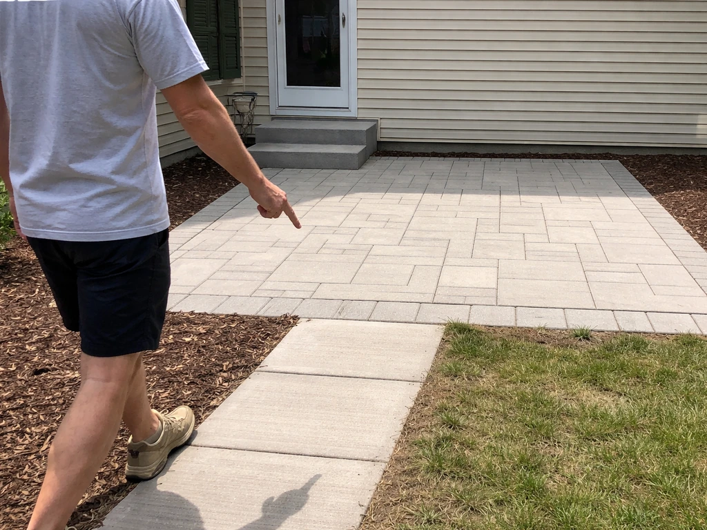 Anonymous person tracing a path from the house door to a flush hard-surfaced backyard patio