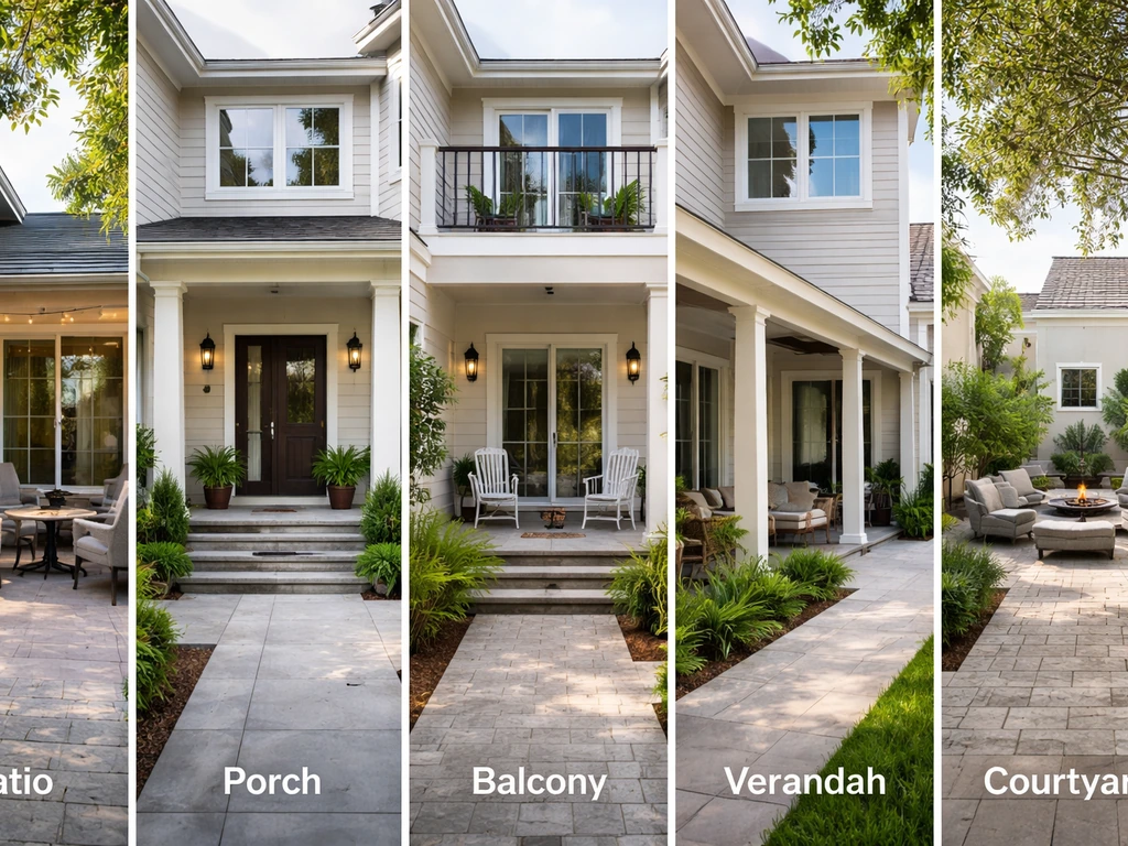 Side-by-side view comparing patio, porch, balcony, verandah, and courtyard with visible roof and level differences.