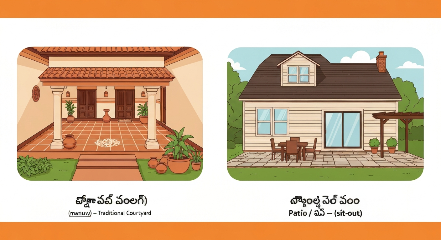 Split illustration: traditional Telugu courtyard labeled మండువా (manḍuvā) on left and a modern paved patio labeled Patio / సిట్-అవుట్ on right.