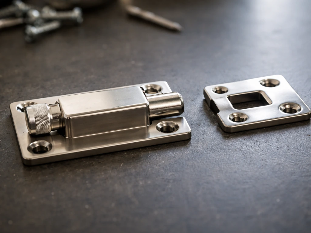 Close-up patio bolt deadlocking assembly showing bolt throw and keeper/strike components side by side.