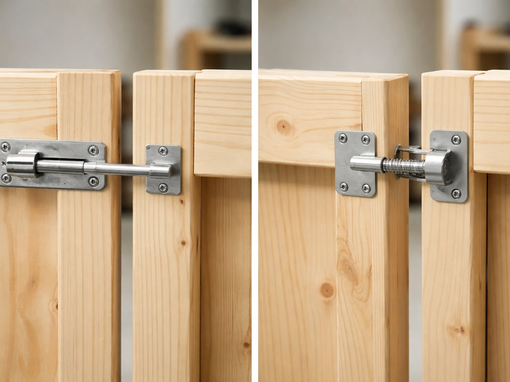 Close-up comparison of slide/barrel patio bolt vs spring-loaded bolt on two simple wooden gate mockups