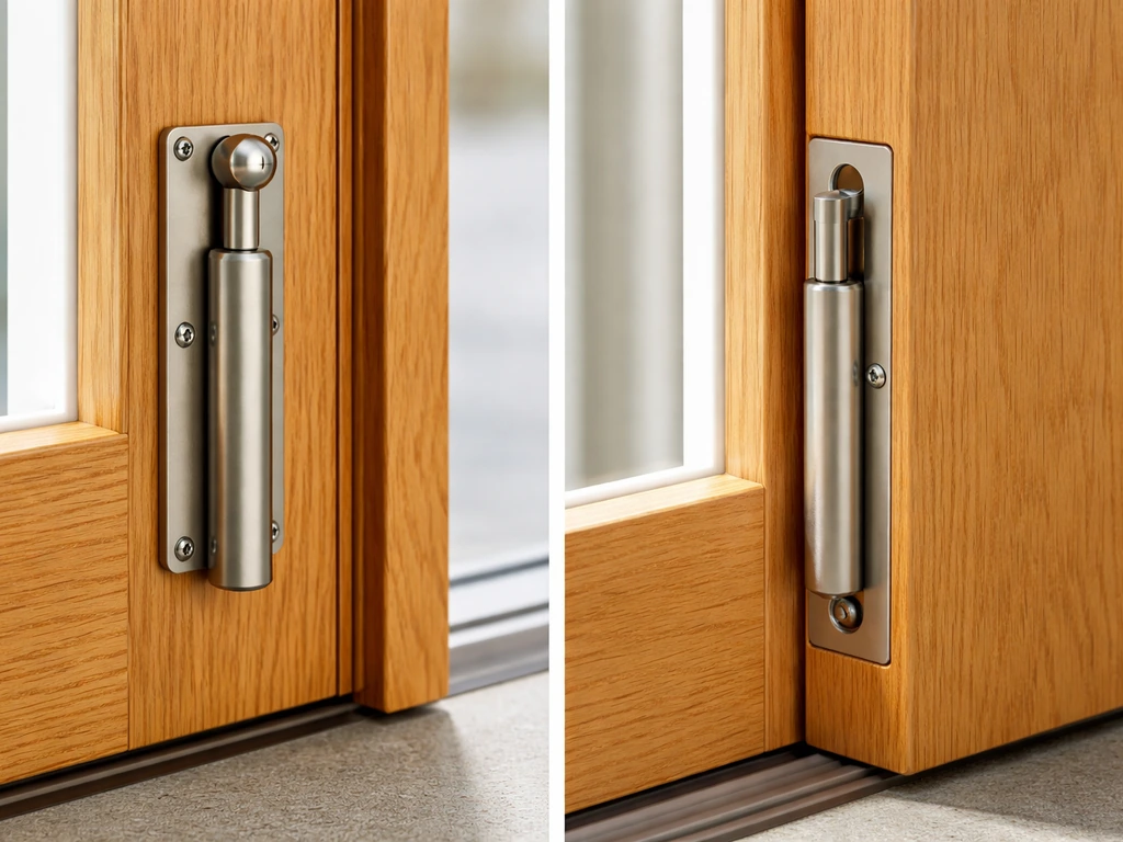 Side-by-side view of a surface-mounted patio bolt on a door face and a recessed mortise bolt in the door edge.