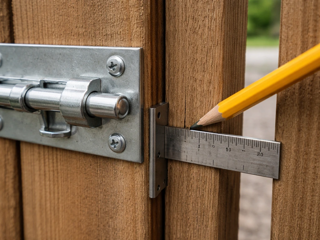 Close-up of a pencil and carpenter’s square marking alignment for a bolt on a closed gate and frame.