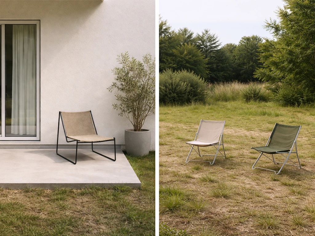 Minimal outdoor patio next to a house, with open-air outdoor seating vibe for contrast