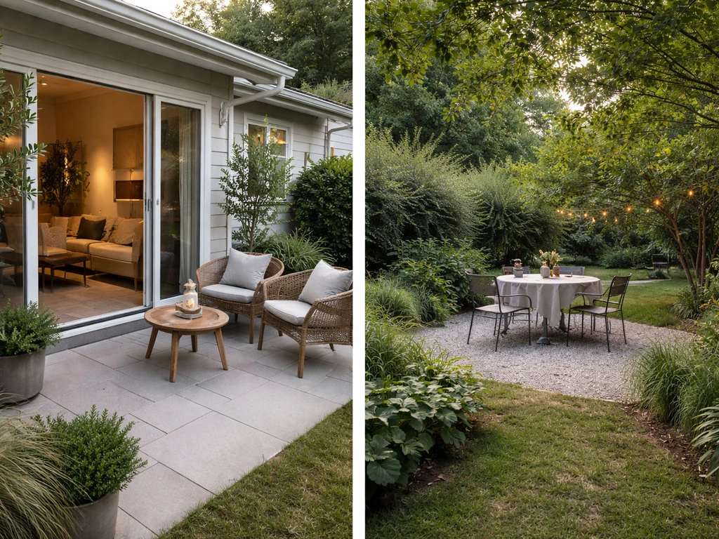 Home exterior showing a patio by back doors and a separate outdoor dining spot farther in the garden