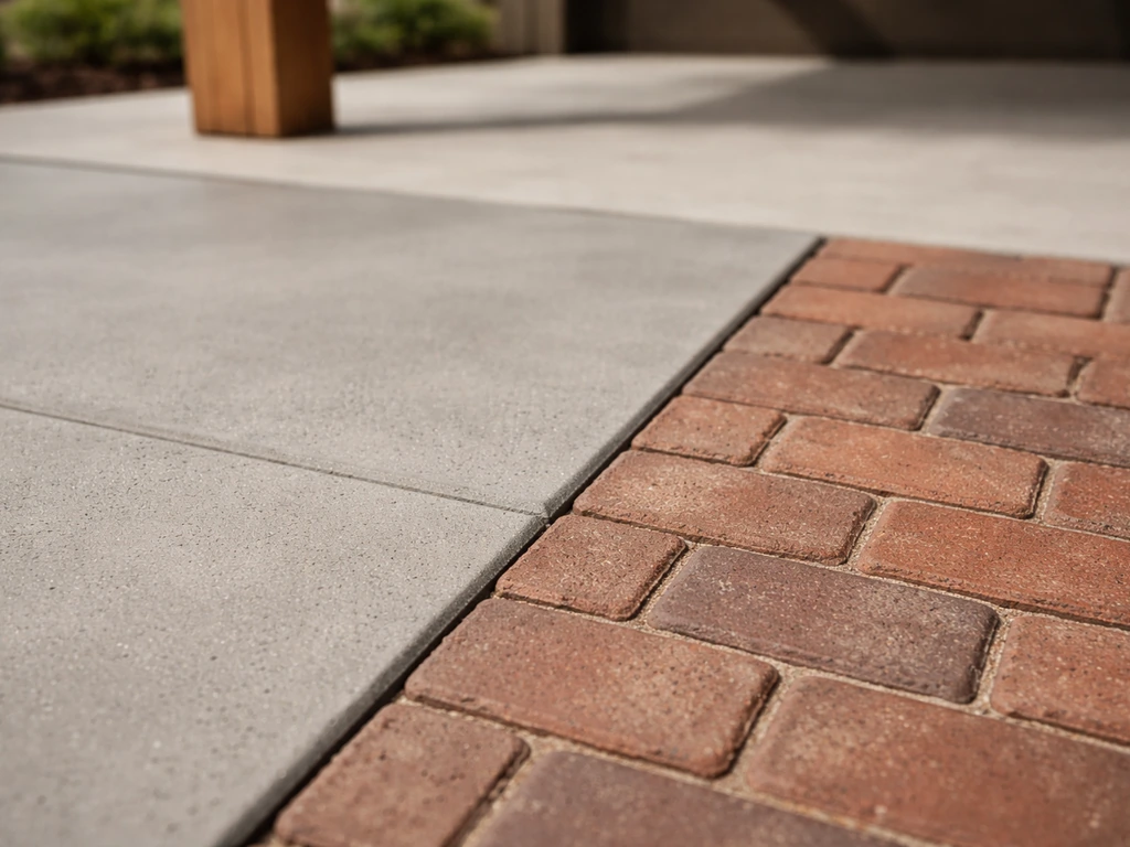 Close-up of concrete patio surface with nearby red pavers and an outdoor roof support beam