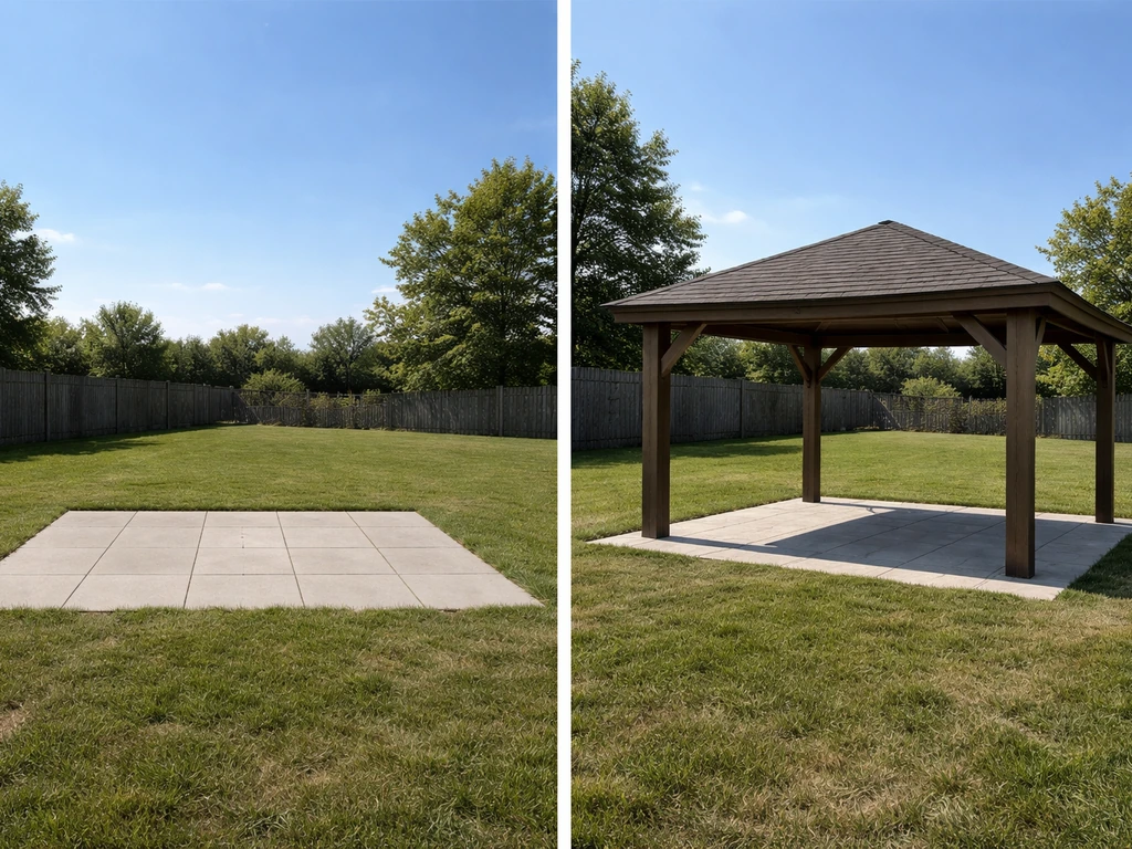 Split view showing an open flat patio versus a freestanding gazebo with a pitched roof and open sides.