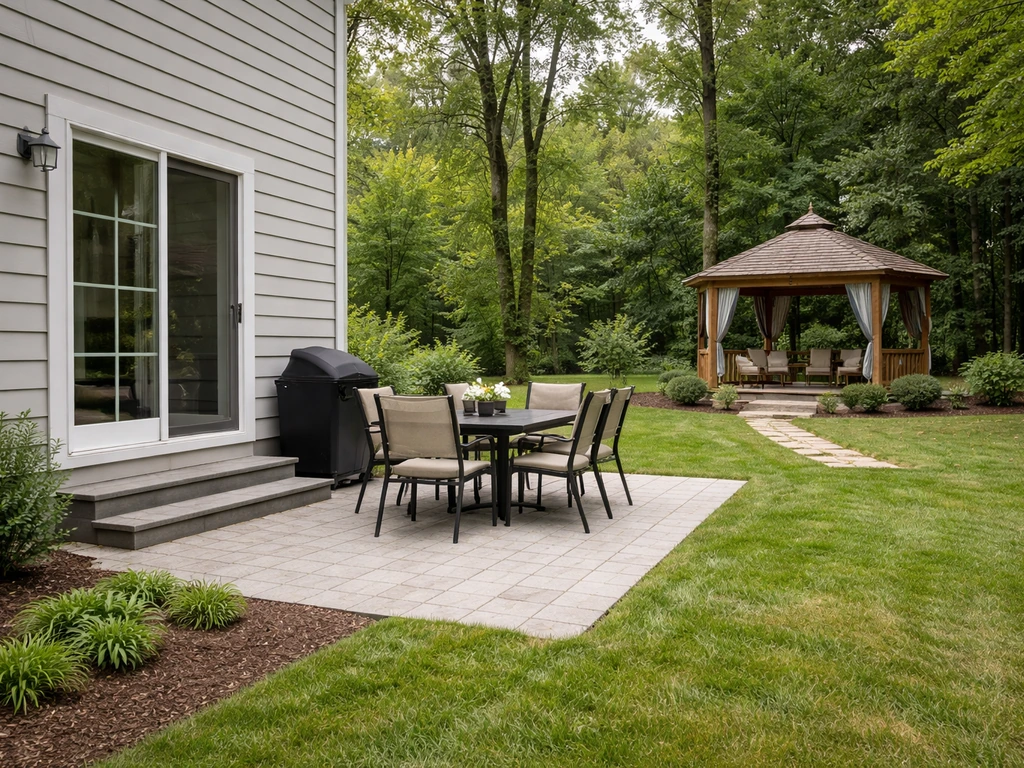 Backyard view: patio right by the house and a freestanding gazebo farther into the garden.