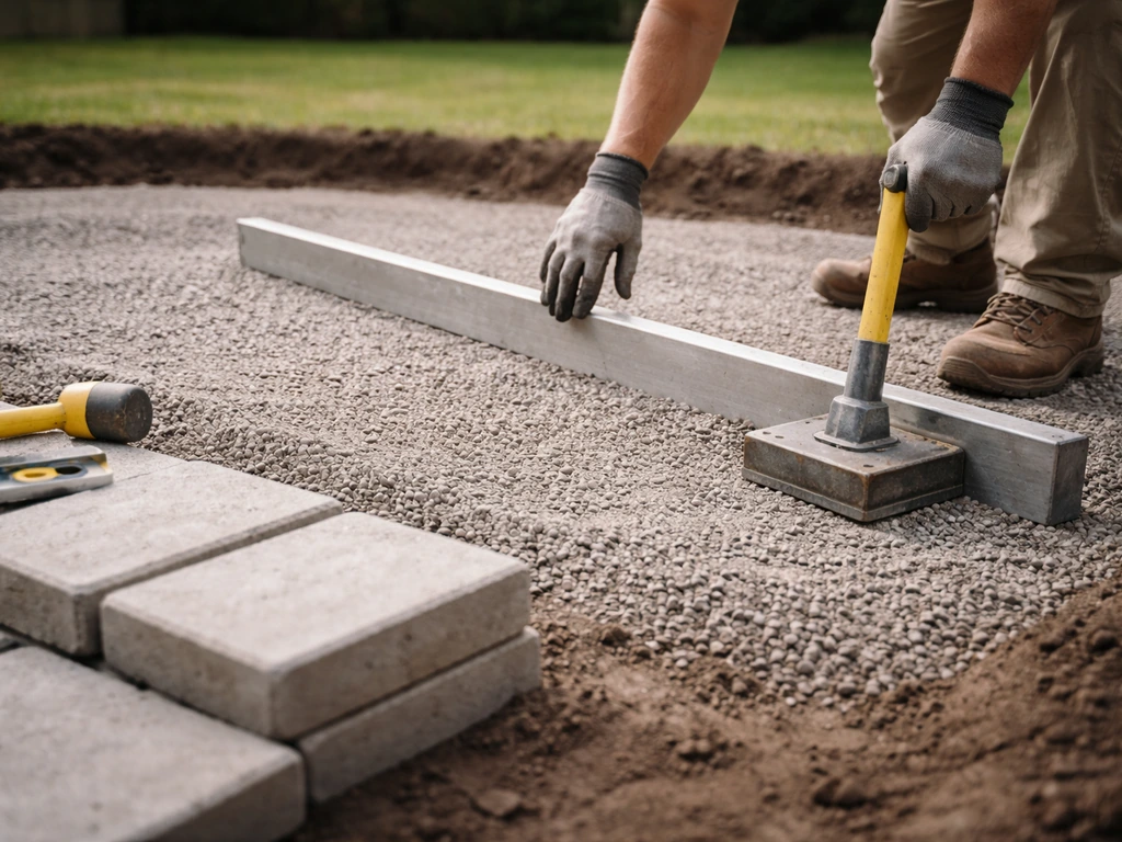 Worker leveling excavated patio base with compacted gravel bed and setting pavers