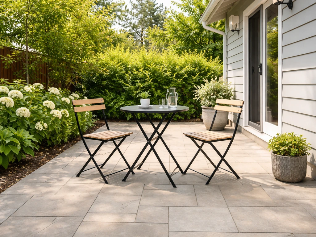 Outdoor patio beside a house with paved stones and a small dining set under open sky
