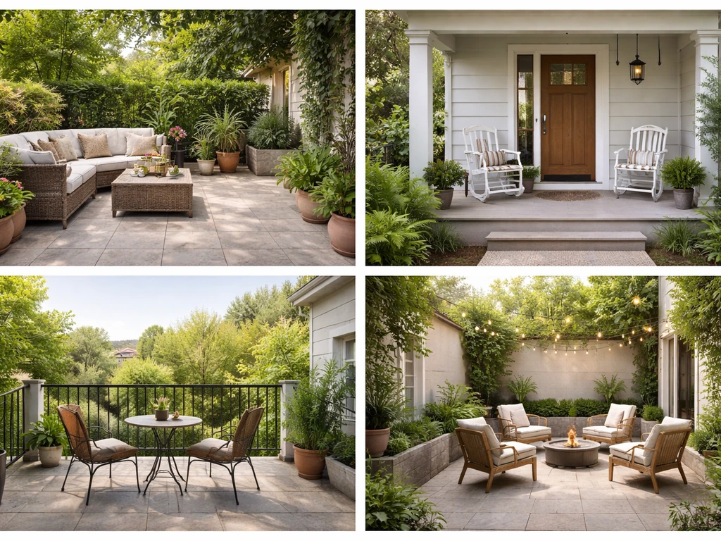 Minimal photo-style view showing adjacent patio, porch, balcony, and courtyard areas with distinct architecture.