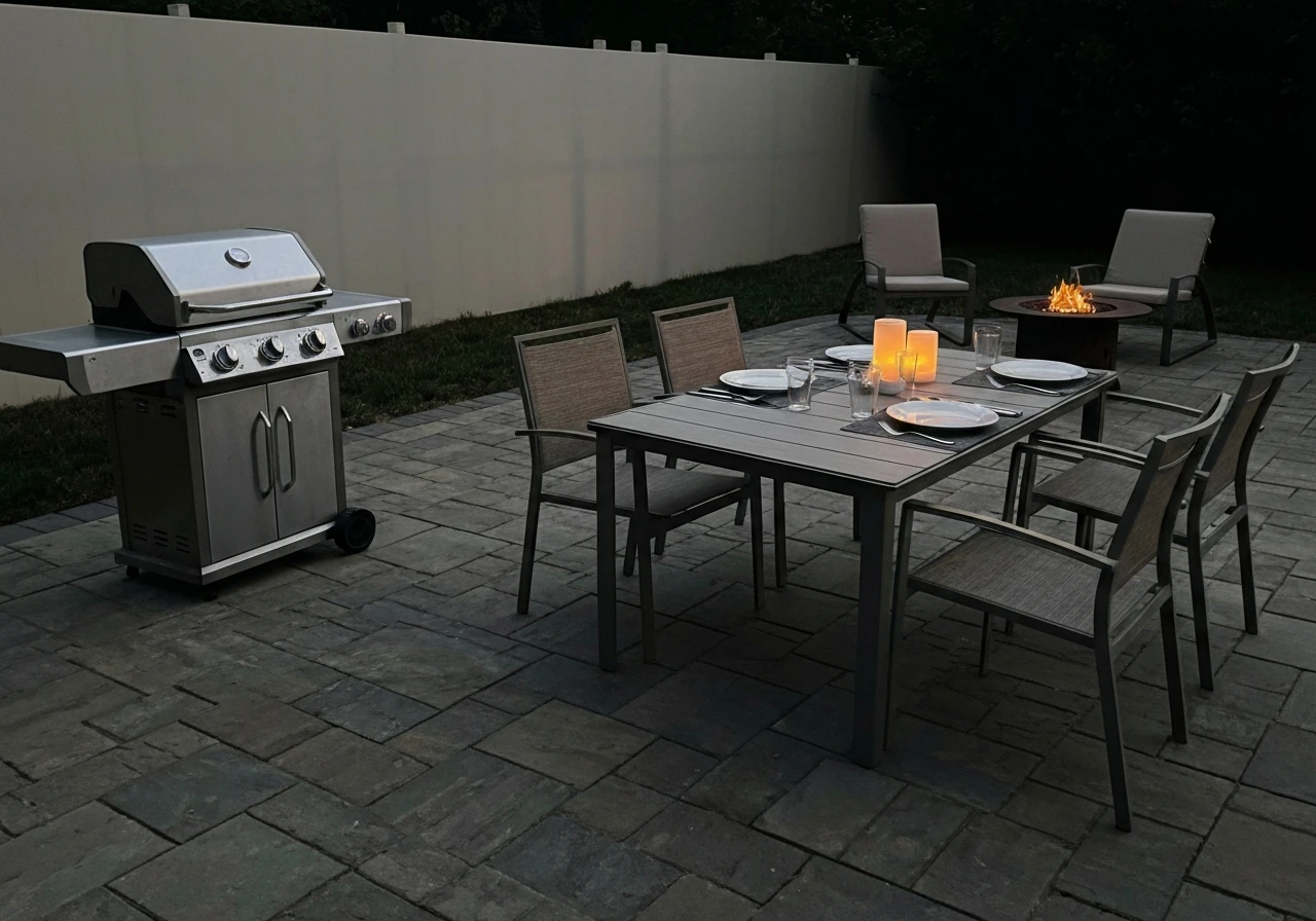 Minimal outdoor patio with dining table, grill, lounge chairs, and small fire pit on paved stones.