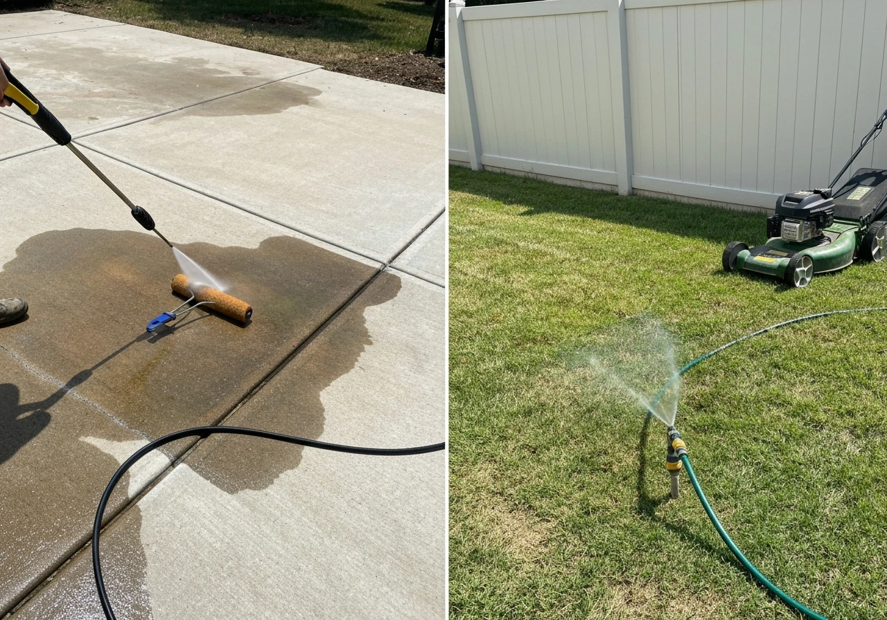 Concrete patio being pressure-washed and sealed contrasted with a lawn mower and irrigation on grass.