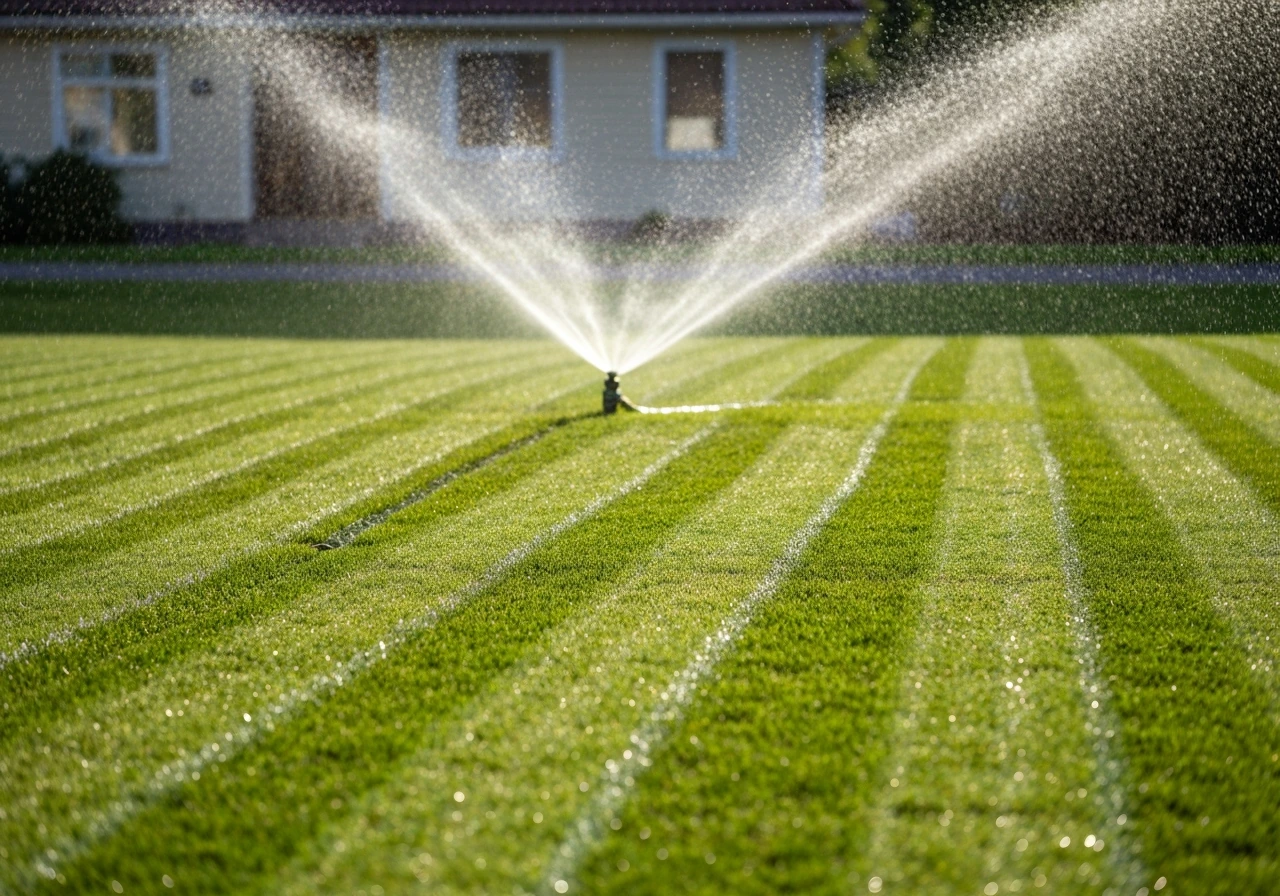 Close view of a sprinkler watering a neatly mowed lawn with visible mowing stripes.