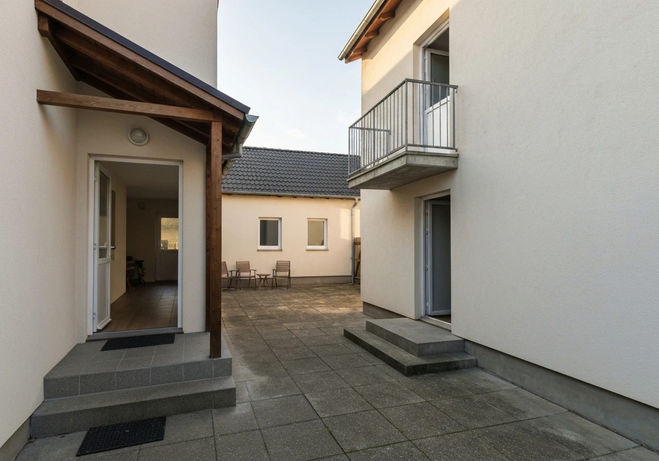 Minimal backyard scene showing a porch entrance, an elevated balcony, and a separate paved patio/courtyard area.