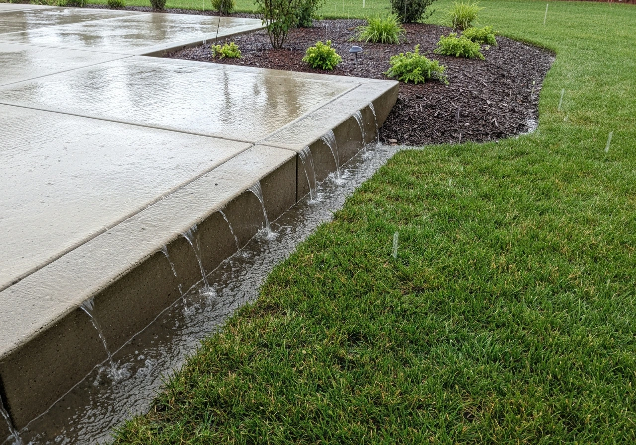 Rainwater spills from a patio edge toward landscaping while nearby lawn soil absorbs water.