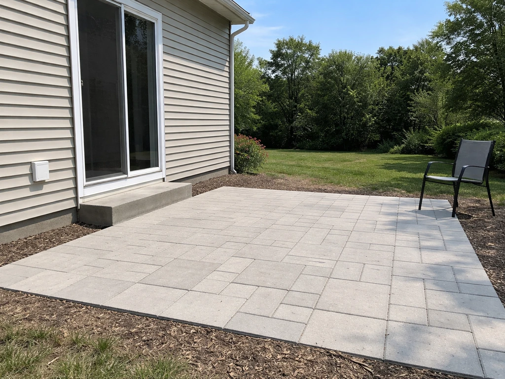 Minimal open patio with flat pavers beside a house wall, no roof or overhead cover visible.
