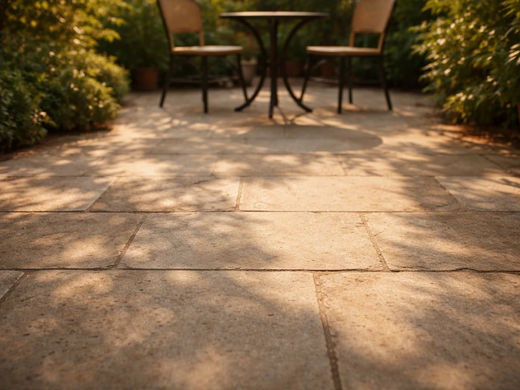 A quiet outdoor paved patio with warm sunlight and simple furniture, ready for Arabic term overlay.