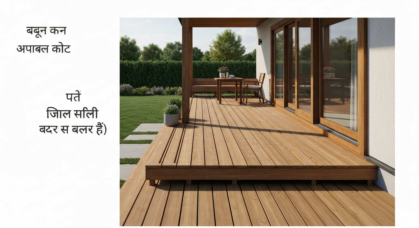 Wooden patio/deck attached to a house with seating and plants; labeled with Hindi terms आँगन (aangan) and लकड़ी का डेक (lakḍī kā ḍek).