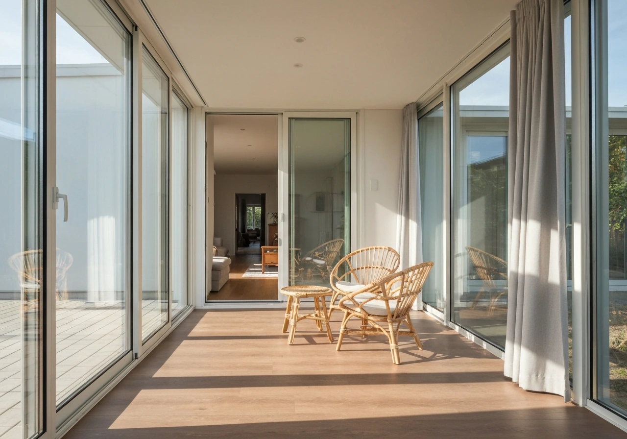 Bright enclosed sunroom with glass walls and patio-style seating, transitioning from living space