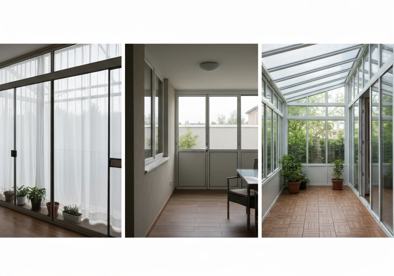 Side-by-side views of glass sunroom, enclosed patio, and solarium-like indoor patio interiors.