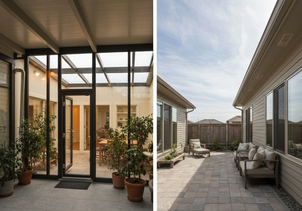 Split view showing enclosed indoor patio with glass panels versus open true outdoor patio under the sky