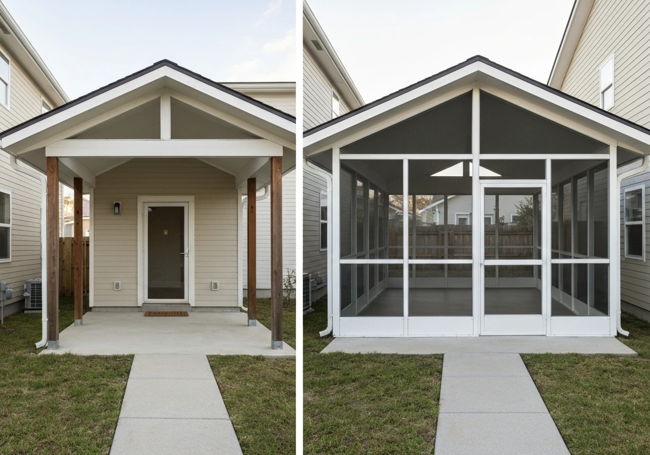 Side-by-side porch: open-roof entry with posts versus enclosed glass/screen porch room.