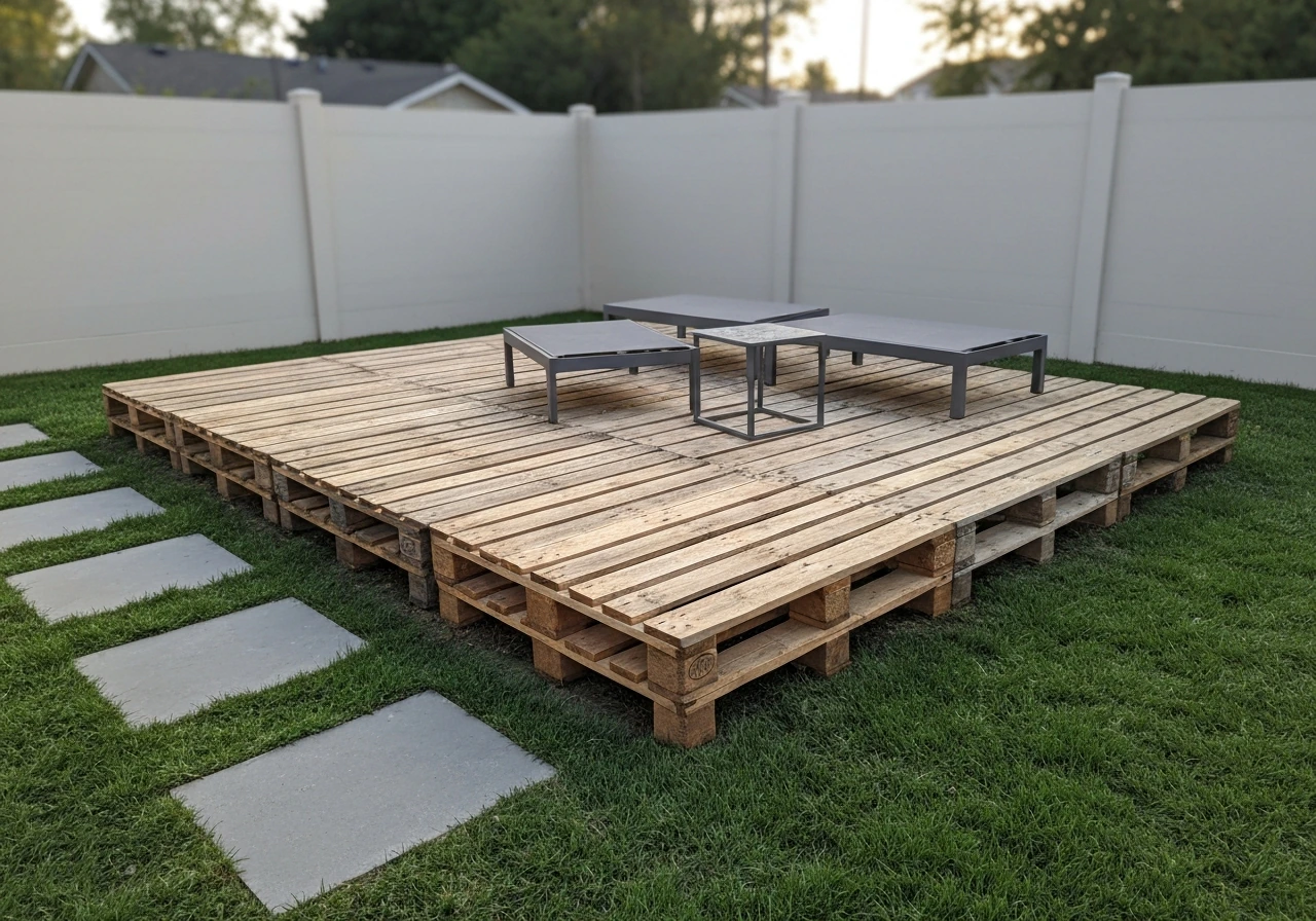 Outdoor pallet patio deck with simple seating in a backyard, showing the wooden pallet surface clearly.