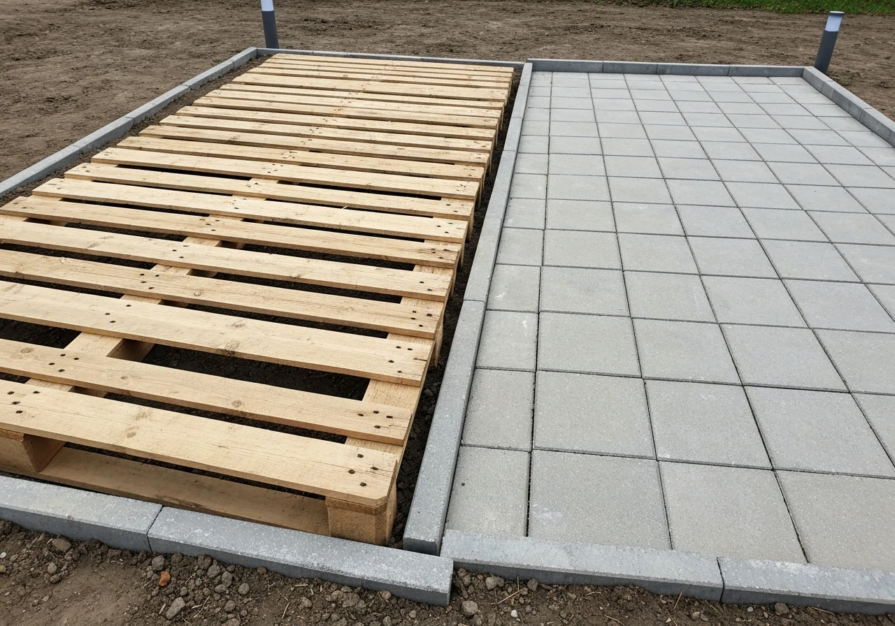 Side-by-side outdoor surfaces: a pallet platform patio on one side and a traditional cement/paver patio on the other.