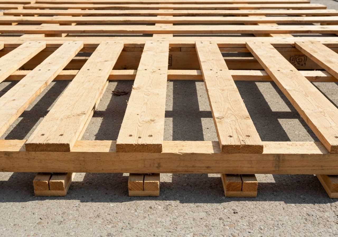 Close-up of wooden pallets laid flat on ground with spacers and leveling blocks beneath