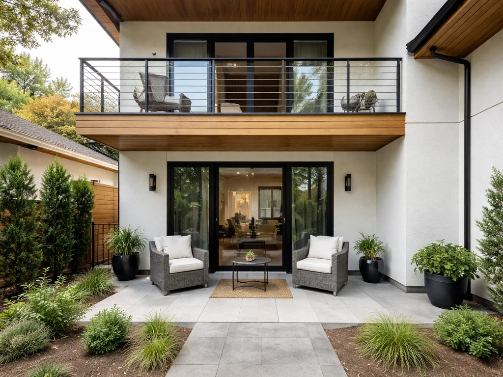 Wide view of a home showing a ground-level patio and a raised balcony on the same property.