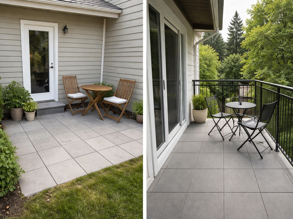 Split view showing a ground-level patio attached to a house and a raised balcony with railings.